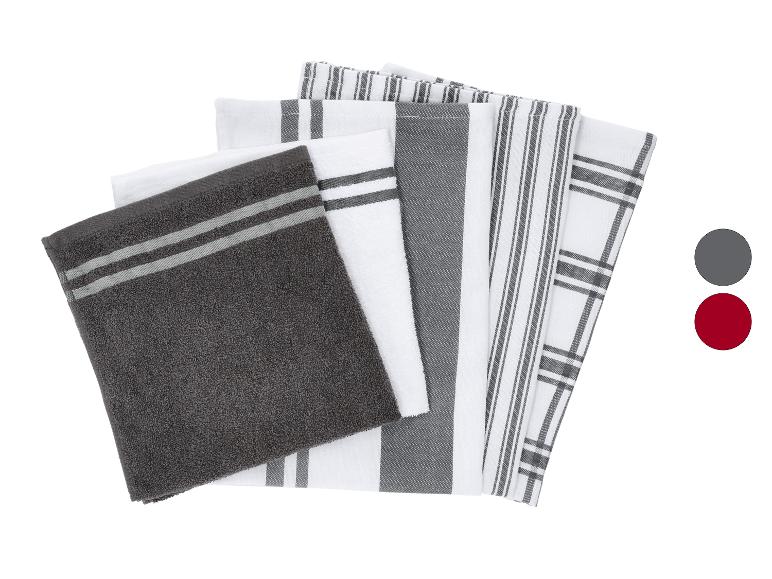Set keukenhanddoeken in diverse grijs-witte gestreepte en geruite patronen.