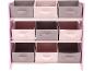 Roze rek met negen grijze en roze stoffen opbergdozen voor speelgoed of kleding.
