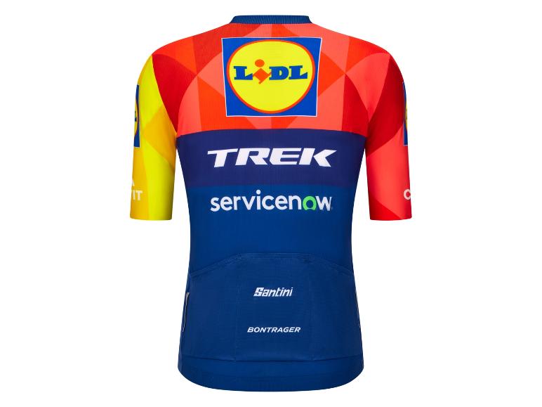 Wielershirt in rood, geel en blauw met supermarktlogo en sponsors.