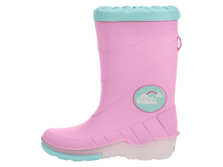 Roze kinderregenlaarzen met turquoise voering en regenboog- en wolkenversiering