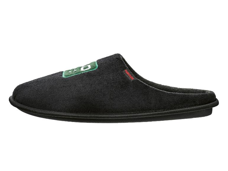 Zwarte pantoffel met geborduurd groen en wit logo