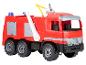 Rode speelgoedbrandweerwagen met blauwe zwaailichten en gele slang