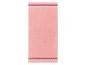 Een roze badhanddoek met rode en witte bies.