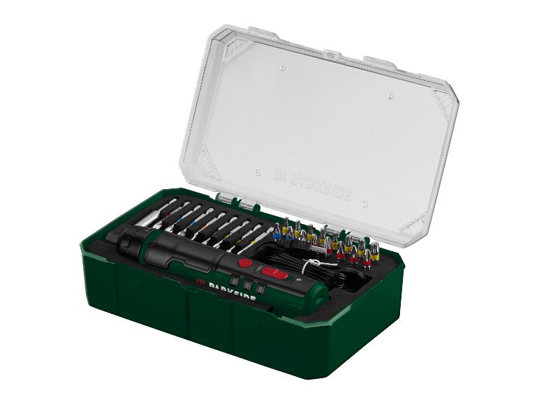 Parkside accuschroevendraaierset met bits in open koffer