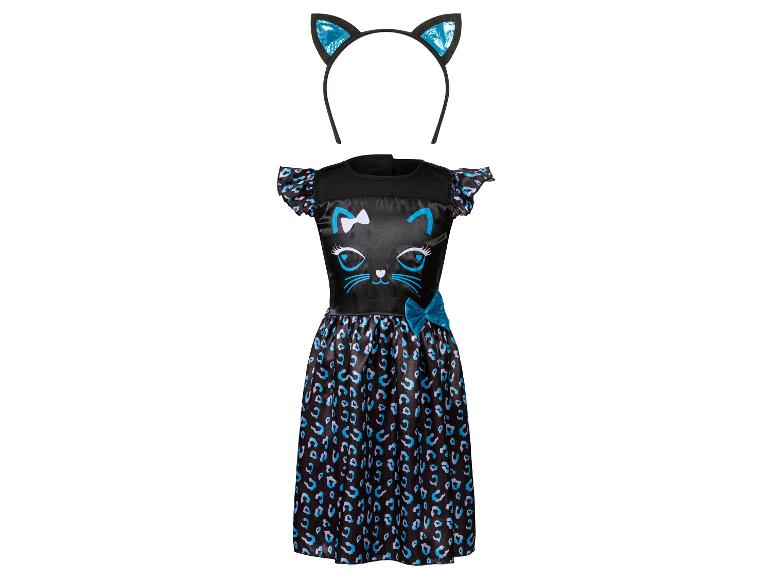 Een zwart kattenkostuum met blauwe details en een bijpassende haarband.