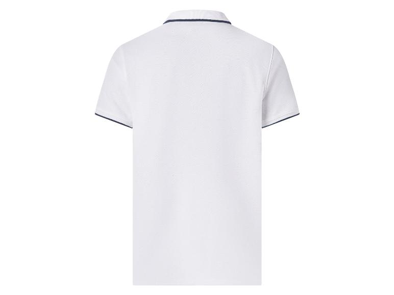 Wit poloshirt met blauwe kraag en mouwboorden, achteraanzicht.