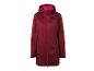 Dames lange softshell jas in donkerrood met roze capuchonvoering.