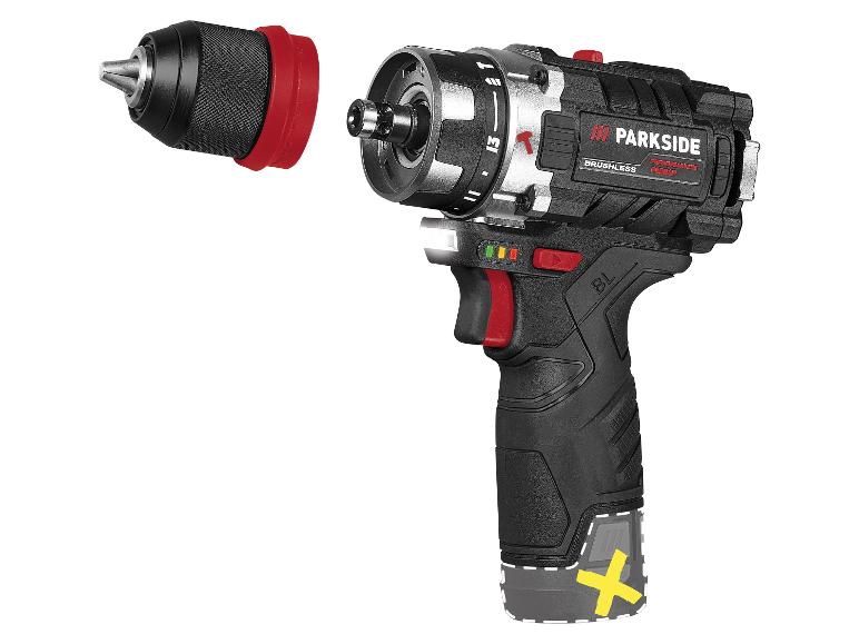 Een Parkside accuboormachine met afneembare boorkop en accu.