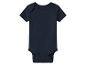 Donkerblauwe baby romper met korte mouwen en drukknopen.