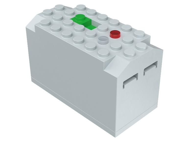 Grijze LEGO-steen met een groene en een rode knop.