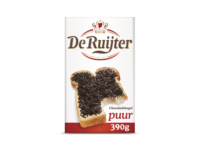De Ruijter chocoladehagel puur op een sneetje brood, 390g.