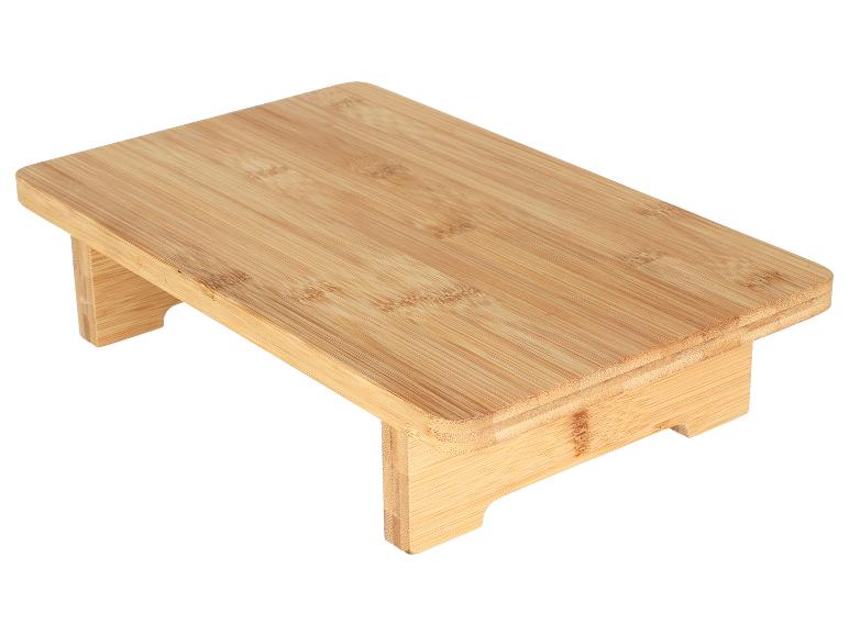 Bamboe monitorstandaard of klein tafeltje met een natuurlijke houtnerfafwerking.