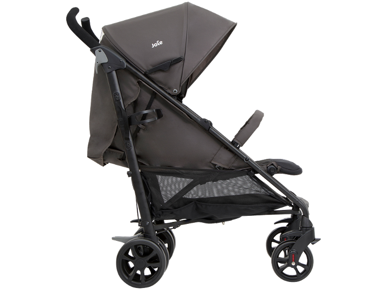 Joie donkergrijze kinderwagen met zwart frame en wielen.