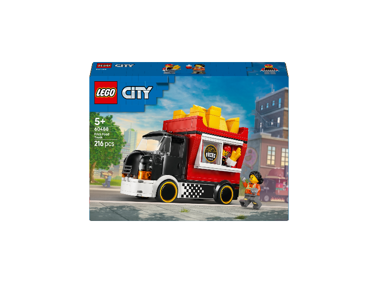 LEGO City 60488 Pommes-Truck speelset met een rood-zwarte foodtruck en twee minifiguren.