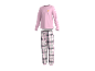 Pyjama met roze shirt met lange mouwen met croissantprint en geruite broek.