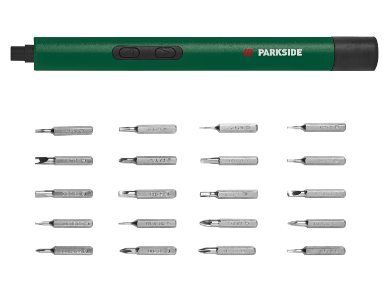 Groene elektrische schroevendraaier met verwisselbare bits in diverse maten.