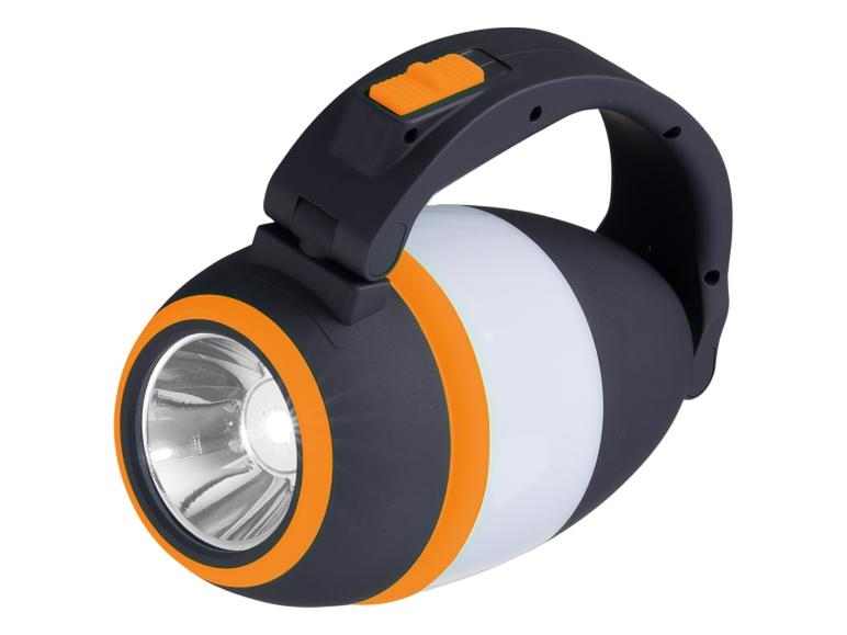 Zwarte en oranje campinglamp met zaklamp aan één uiteinde en een witte lichtstrip.