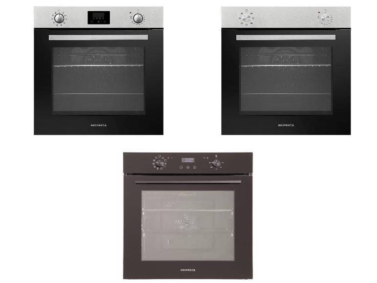 Drie inbouw elektrische ovens met zilveren en zwarte bedieningspanelen.