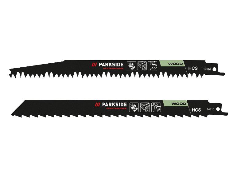 Twee zwarte reciprozaagbladen voor hout met HCS-markeringen.