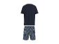 Herenpyjama met donkerblauw T-shirt en gestreepte shorts.