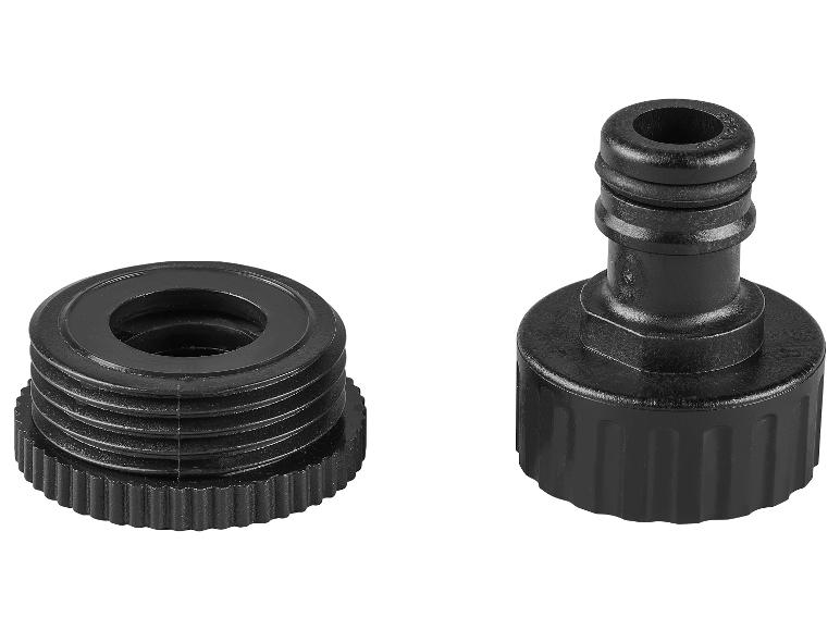 Twee zwarte plastic tuinslangkoppelingen, één met externe schroefdraad en één met interne schroefdraad.