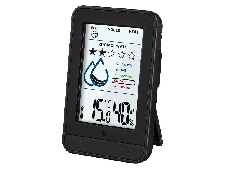 Digitale thermometer en hygrometer met weergave van het binnenklimaat en vochtigheidsniveau.