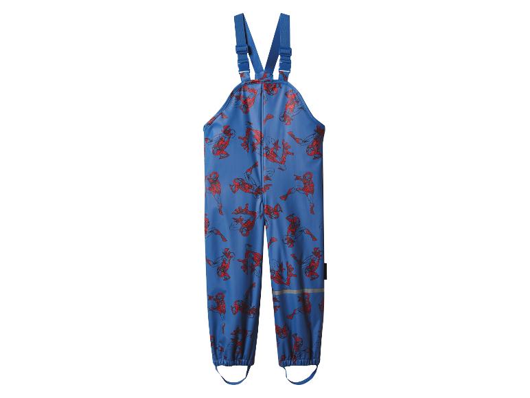 Blauwe kinderregenbroek met Spiderman-print.