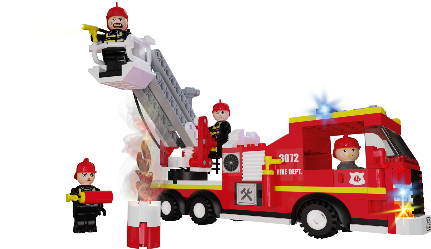 LUPILU Clippys Set M: Polizeitruck / Brandweer ladderwagen / Onderzoekshelikopter / Takelwagen / Vrachtwagen (Brandweerwagen)