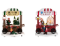 Twee kerstminiatuurscènes: een kerstboomverkoop en een suikerspinnenkraam met LED-verlichting.