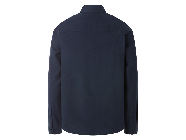 Donkerblauw herenoverhemd met lange mouwen, achteraanzicht.