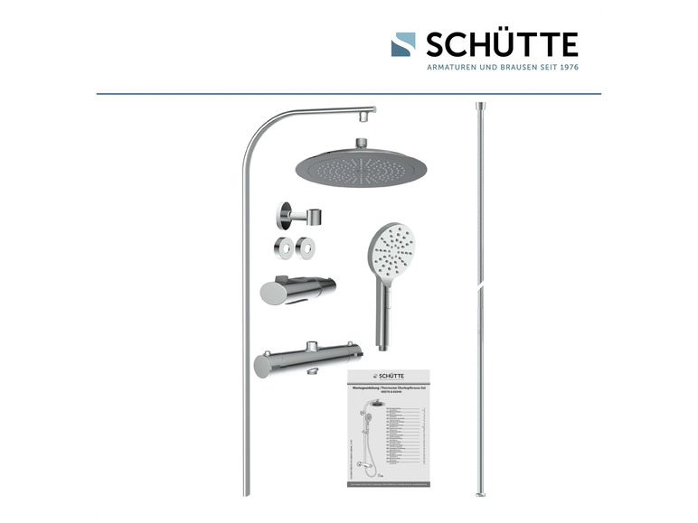 Een set met een regendouche, handdouche en installatiemateriaal van Schütte.