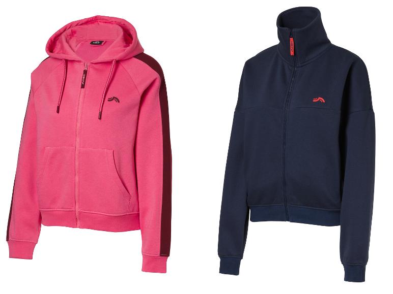Twee Crivit hoodies, één roze met capuchon en één marineblauw met opstaande kraag.