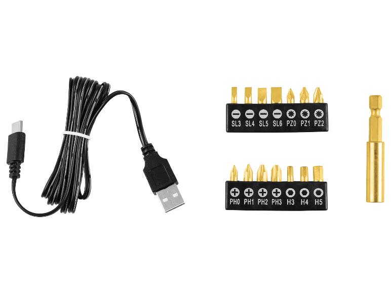USB-C oplaadkabel en twee sets schroevendraaierbitsen met bithouder.