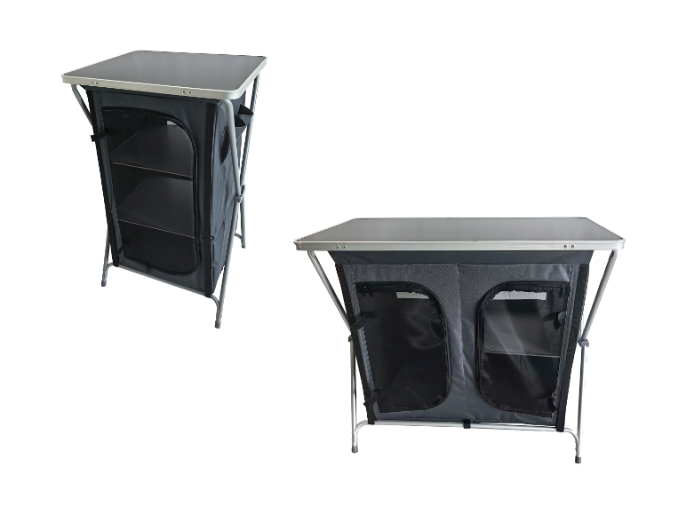 Twee grijze opvouwbare campingkasten met tafelblad en opbergvakken