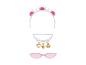 Schelpenhaarband, bedelketting en roze zonnebril.