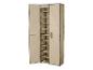 Beige stoffen opbergkast met open planken en zijdeur.