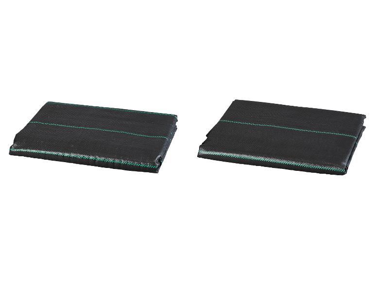 Twee opgevouwen zwarte worteldoeken met blauwgroene strepen.