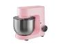 Roze keukenmachine met roestvrijstalen kom en digitaal display.