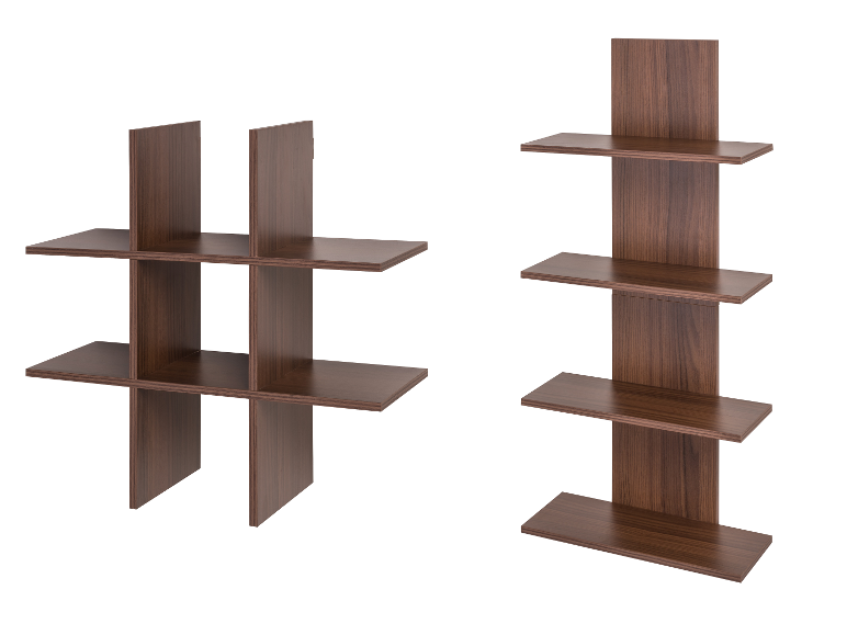 Twee donkerbruine houten planken, één in hashtag-vorm en één verticaal met verspringende planken.