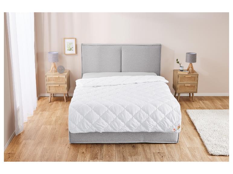 Een slaapkamer met een bed met grijs hoofdbord en wit dekbed, twee nachtkastjes en lampen.