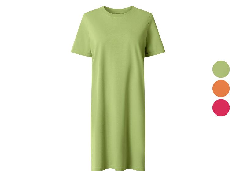 Limoengroene T-shirtjurk met korte mouwen, met oranje en fuchsia kleurstalen