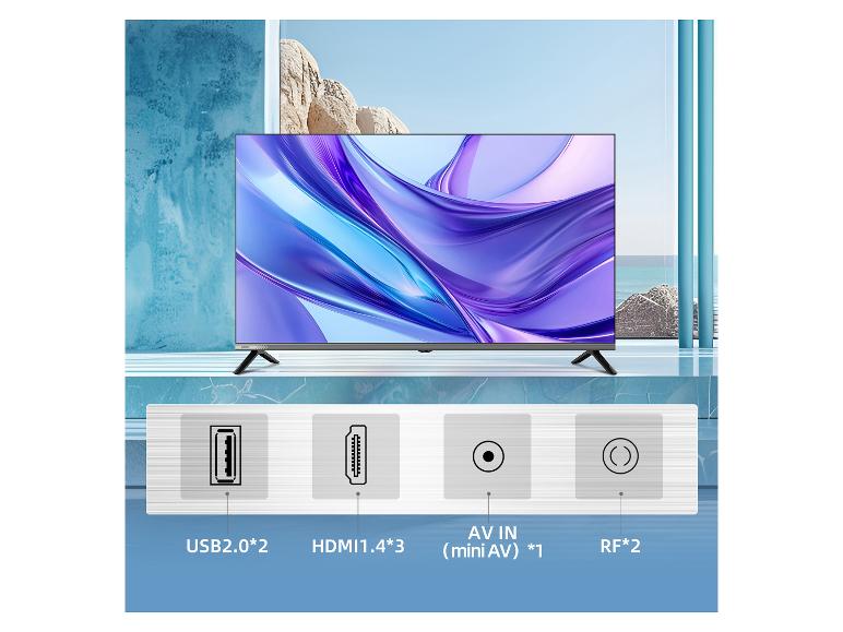 CHIQTv met paarse schermachtergrond en poorten voor USB, HDMI, AV en RF.