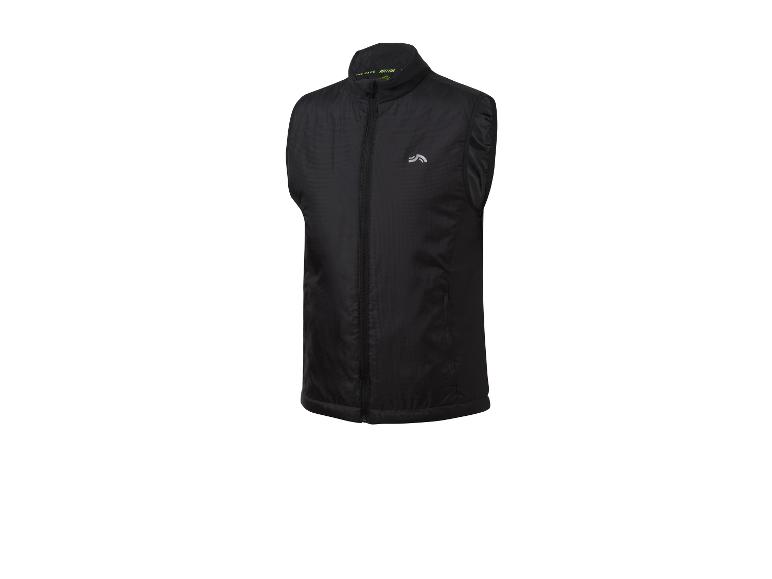 Zwart hardloopvest met rits en reflecterend logo.