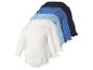 Vier rompertjes met lange mouwen voor baby's in wit, lichtblauw, blauw en donkerblauw.