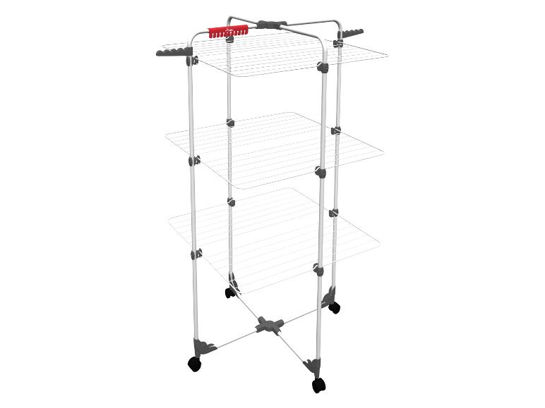 Vileda droogrek met drie niveaus en wielen, wit en grijs met rode accenten.