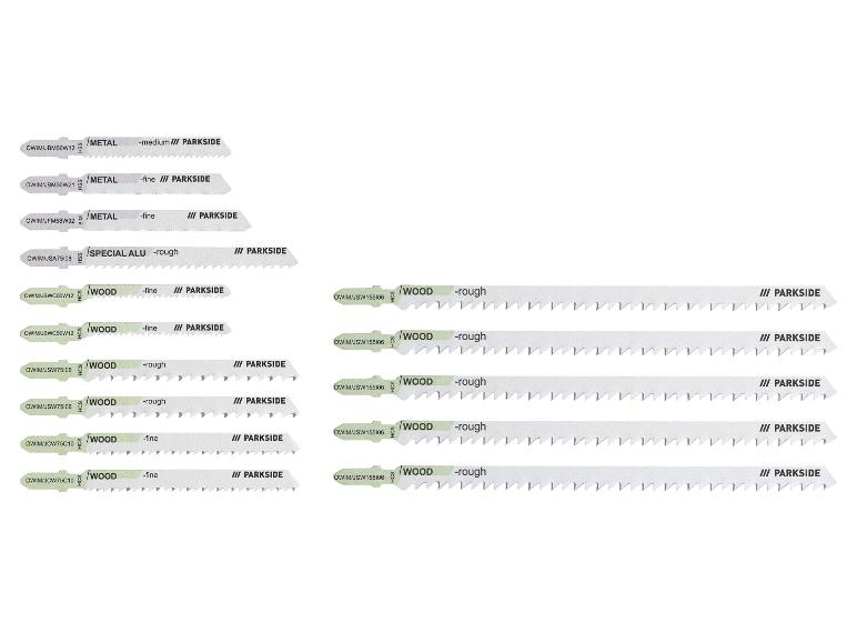PARKSIDE decoupeerzaagbladen voor metaal, aluminium en hout, met verschillende afwerkingen.