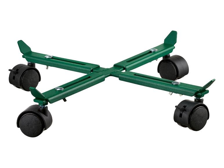 Groene plantenroller met vier zwarte wielen en verstelbare armen.
