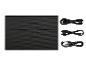 Zwarte getextureerde hoes met drie opgerolde kabels: HDMI, USB-A naar USB-C en USB-C naar USB-C.