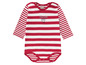 Rode gestreepte baby romper van Kanz met 'frech, frecher, ich' tekst