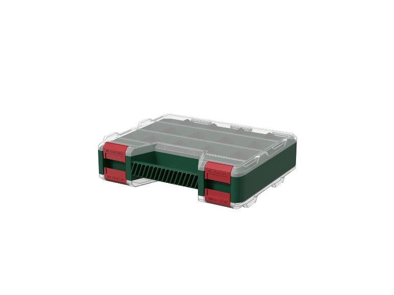 Groene en rode gereedschapsorganizer met transparant deksel, met vakken.